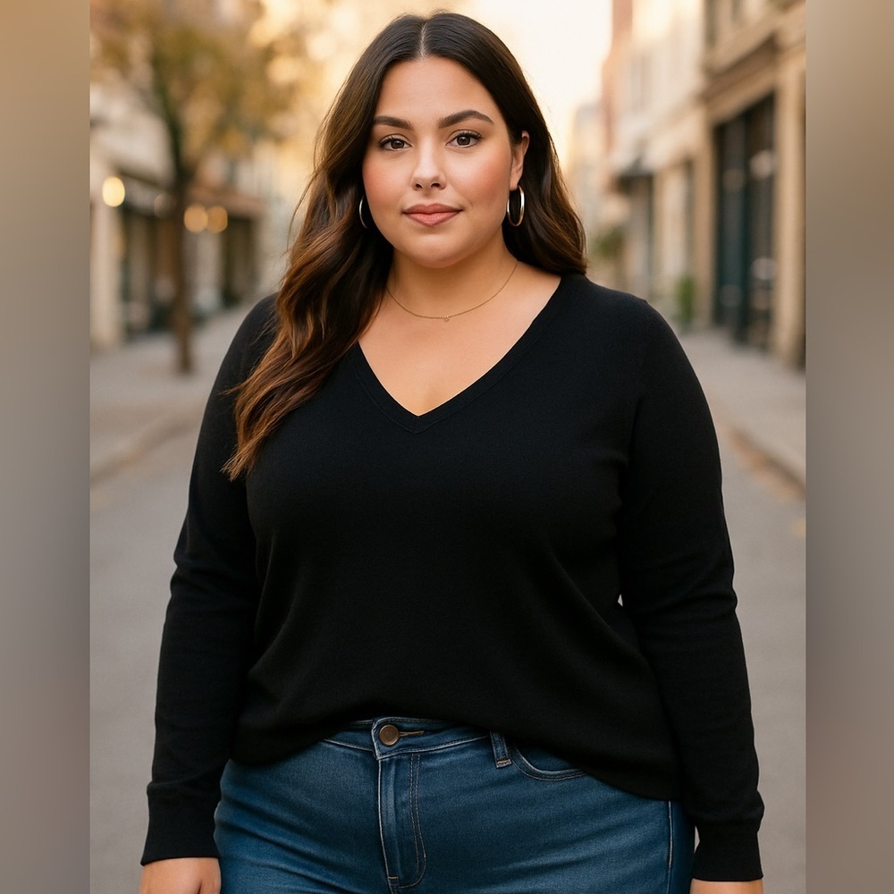 Milano Essential Black V-Neck Sweater 1X Plus Size Soft Lightweight Knit - Picture 10 of 10